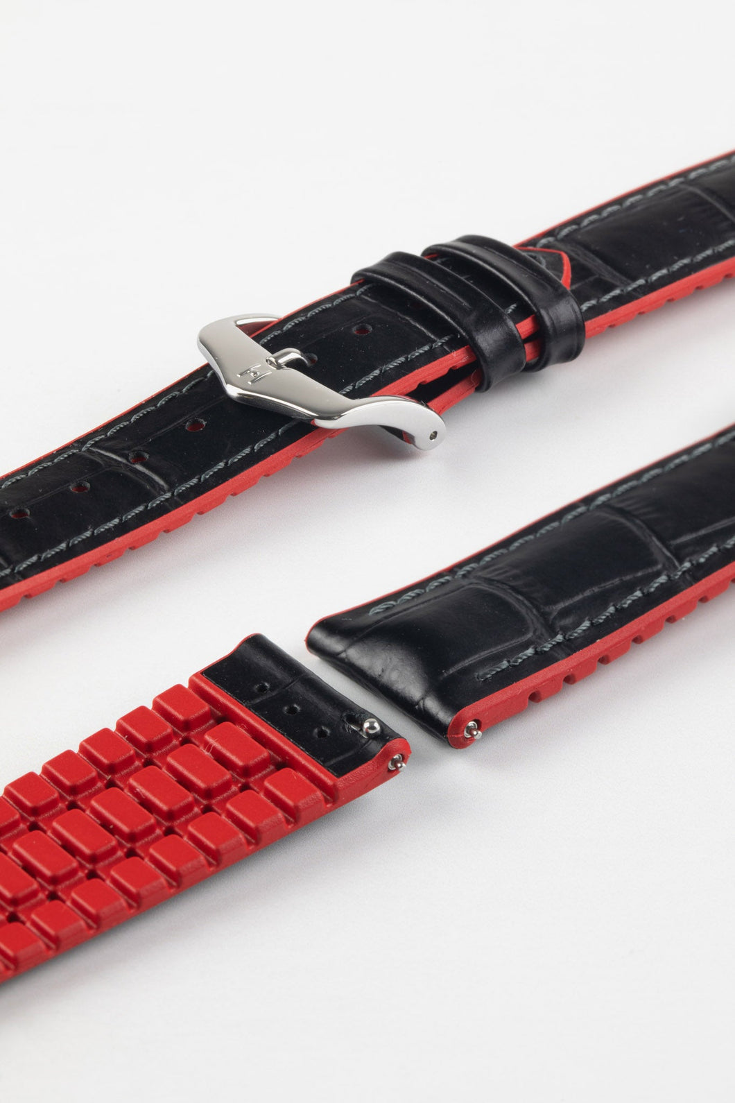 Hirsch ANDY Alligator print leather and rubber Watch Strap in BLACK / RED 24 mm