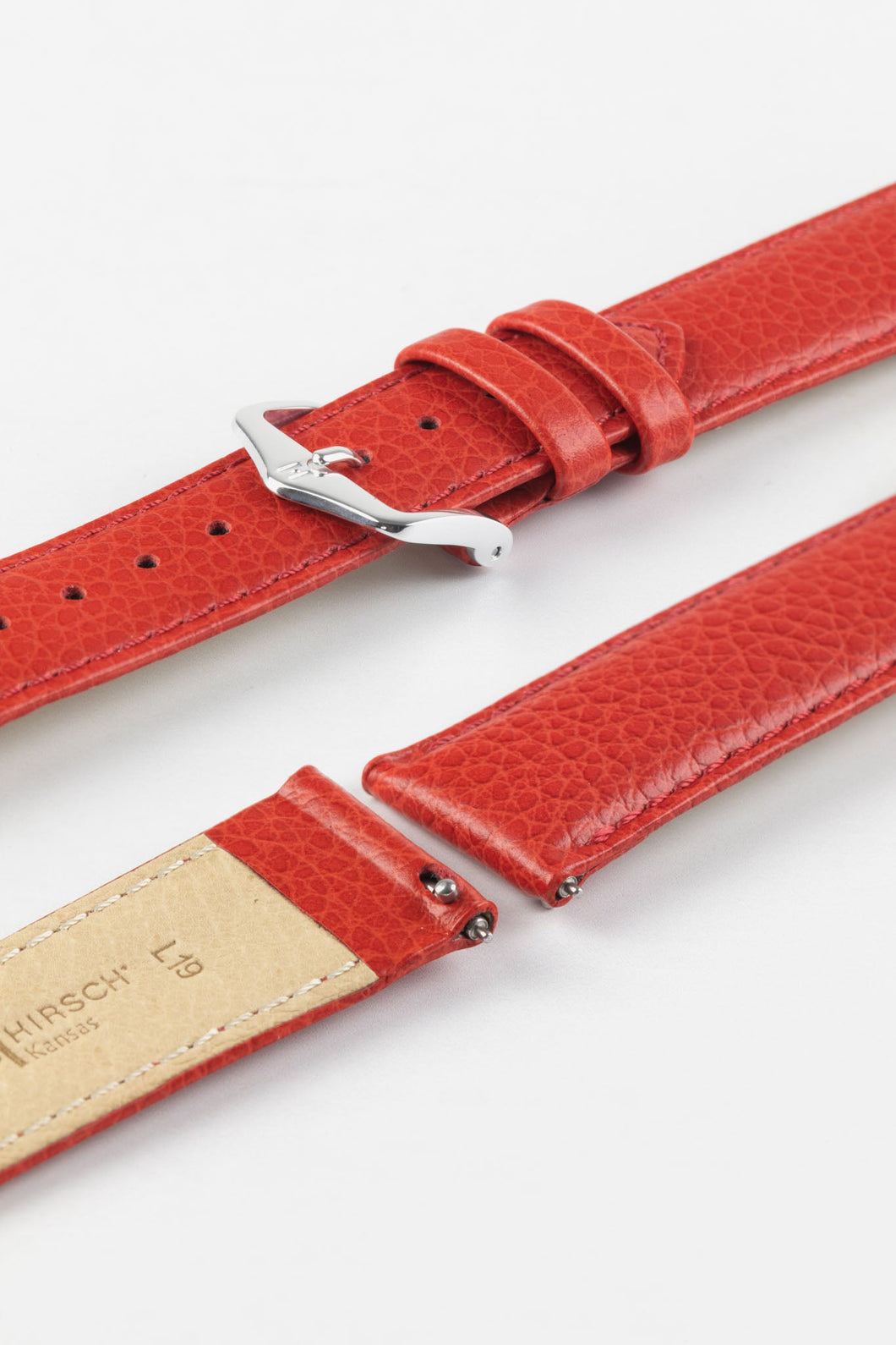 Hirsch KANSAS Buffalo-Embossed Calf Leather Watch Strap in RED with Red Stitch