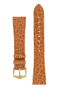 Hirsch Aristocrat Crocodile-Embossed Leather Watch Strap in Gold Brown (with Polished Gold Steel Buckle)