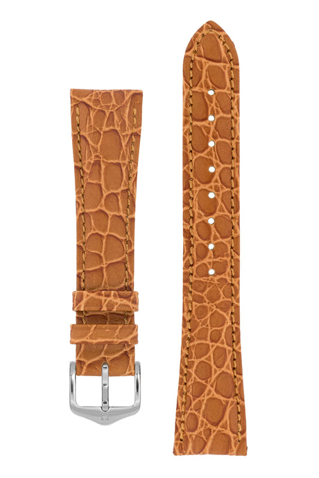 Hirsch Aristocrat Crocodile-Embossed Leather Watch Strap in Gold Brown (with Polished Silver Steel Buckle)