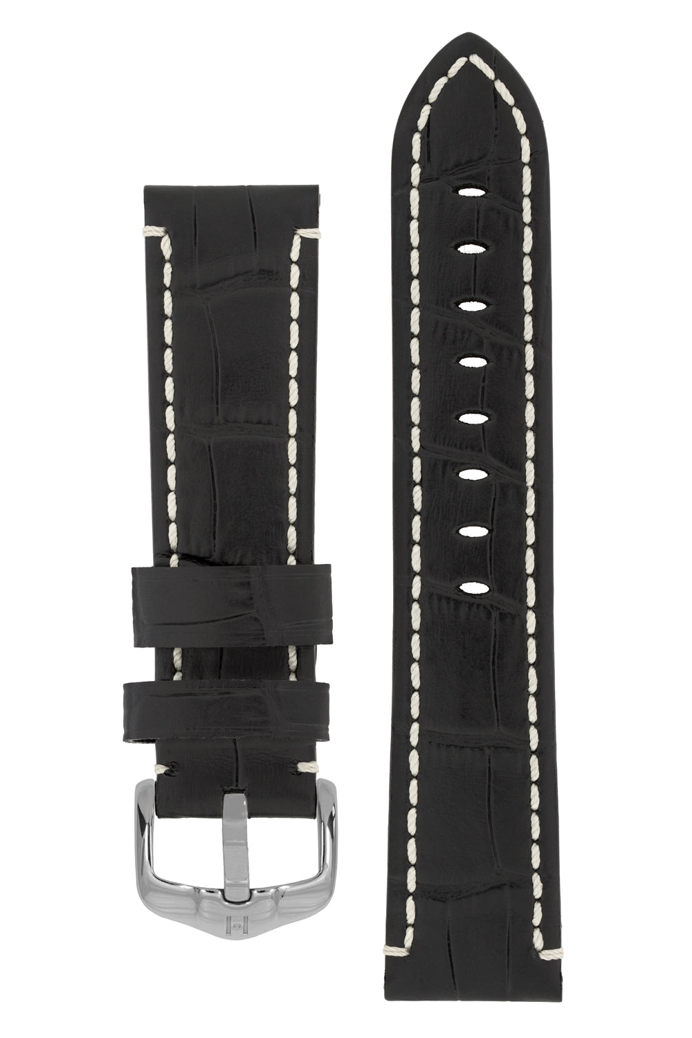 Hirsch Knight Alligator Embossed Leather Watch Strap in Black (with Polished Silver Steel H-Active Buckle)