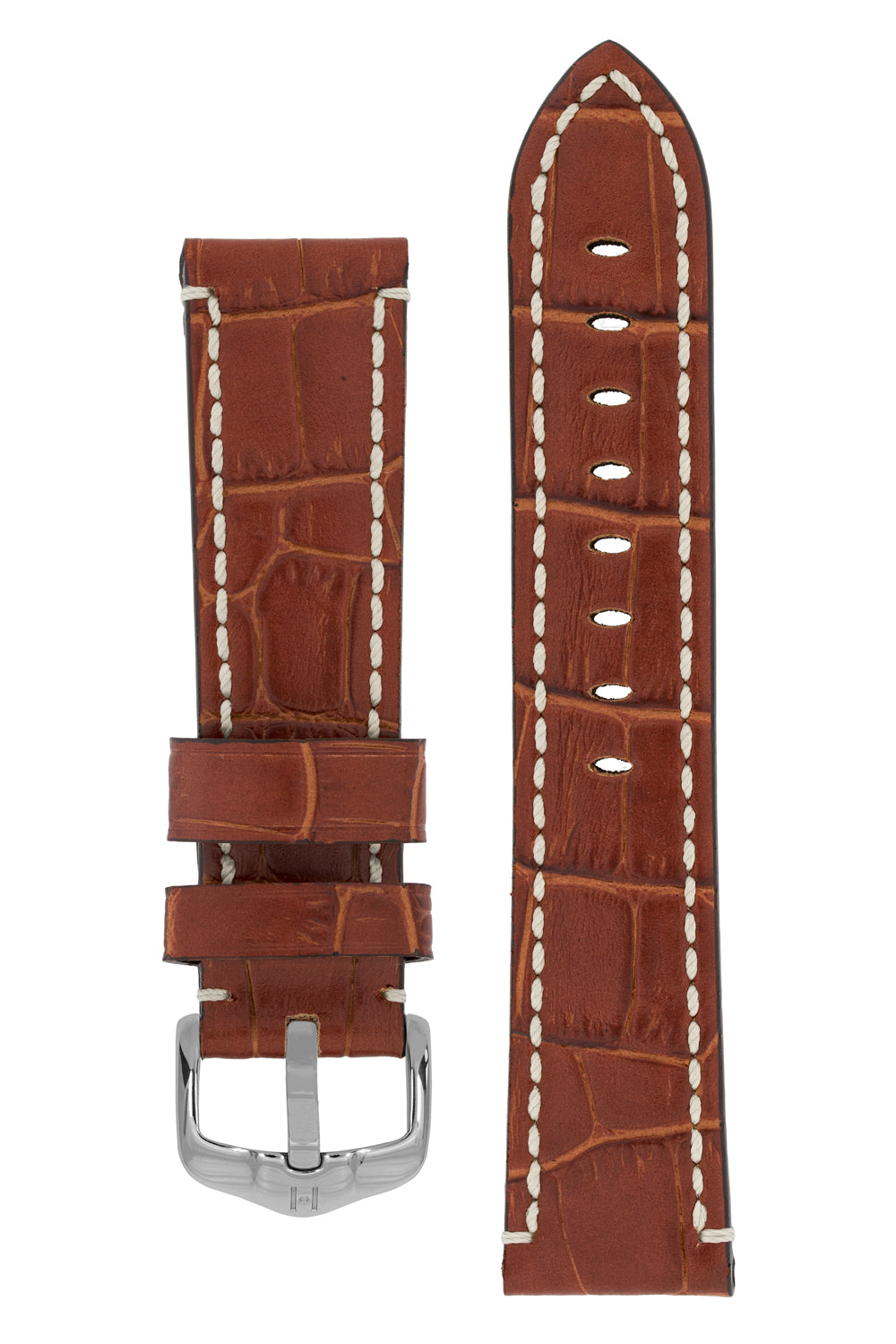 Hirsch Knight Alligator Embossed Leather Watch Strap in Gold Brown (with Polished Silver Steel H-Active Buckle)