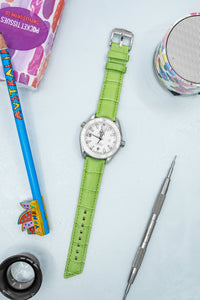 Hirsch PRINCESS Alligator Embossed Leather Watch Strap in LIGHT GREEN - Pewter & Black