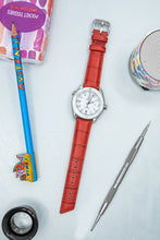 Load image into Gallery viewer, Hirsch PRINCESS Alligator Embossed Leather Watch Strap in RED - Pewter &amp; Black