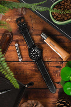 Load image into Gallery viewer, Rios1931 OXFORD Flat-Padded Vintage Leather Watch Strap BLACK &amp; ARD buckle 24 mm