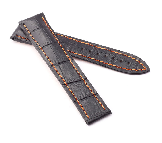Marino Deployment : Alligator-Embossed Leather Watch Strap BLACK / ORANGE 20 22