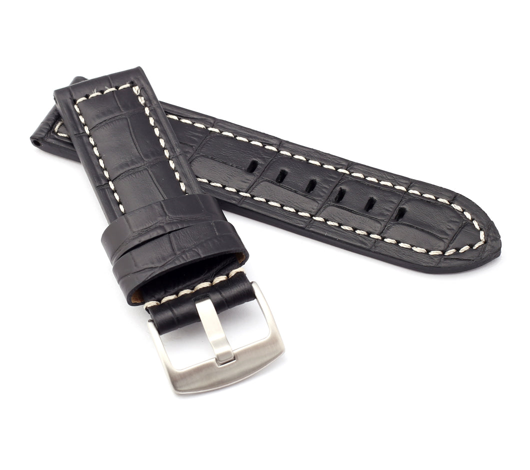 Firenze : Alligator-Embossed Leather Watch Strap BLACK 24 MM - Pewter & Black