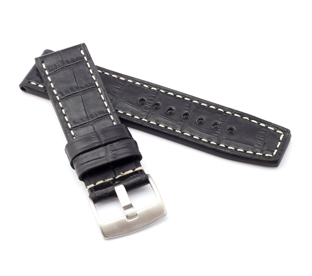 Marino Parallel : Alligator-Embossed Saddle Leather  Watch Strap BLACK 22, 24,26