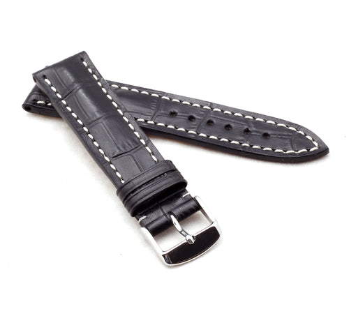Marino : German made,  Alligator-Embossed Padded Leather Watch Strap BLACK