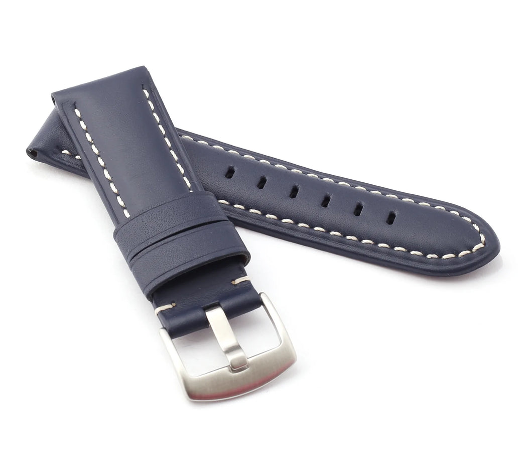 Classic : Smooth Padded Calf Leather Watch Strap BLUE 24 mm - Pewter & Black