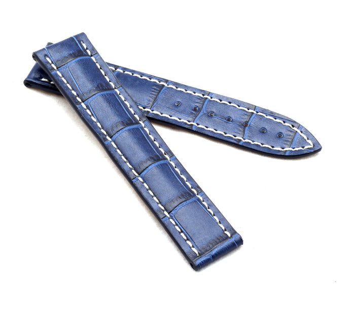 Marino Deployment : Alligator-Embossed Leather Watch Strap BLUE / WHITE 20mm 22m